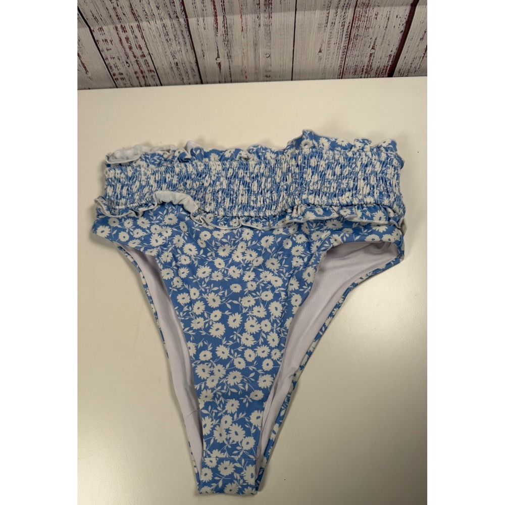 Lost+Wander Bikini Bottom S Blue Floral High-cut smocked waist Cheeky